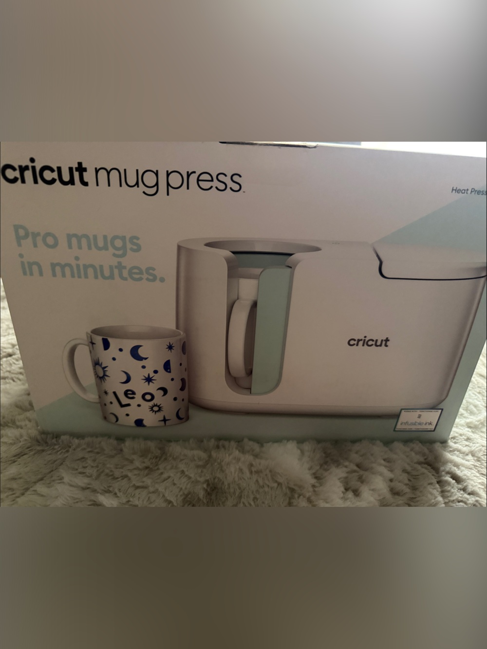 Cricut Mug Press in White with Mint Accents and Blue Mug Graphic